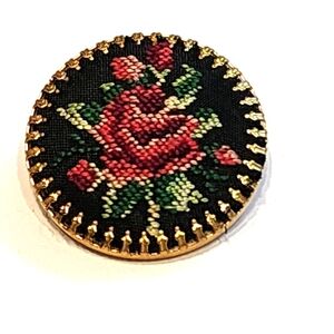 Vtg Petit Point Embroidery Needlepoint Hand Made Brooch Pin Roses Floral